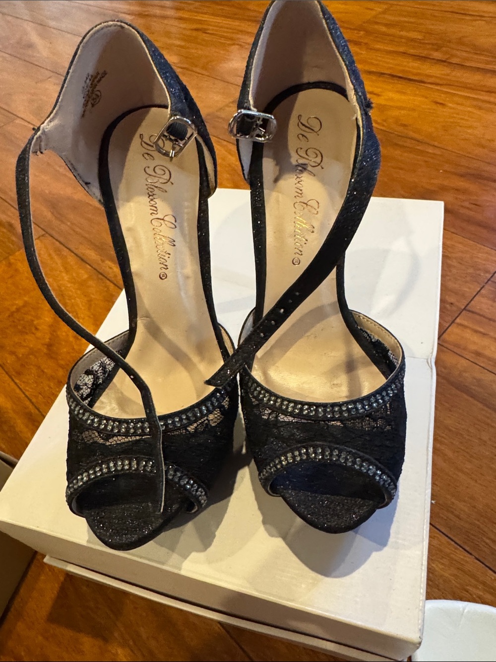 De Blossom Collection Black Peep-Toe Ankle-Strap Heels with Sparkle
